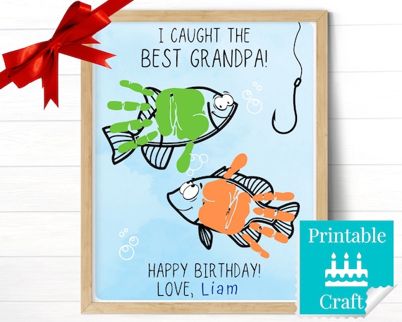 Fishing Birthday Card for Grandpa, Handprint Art Craft, Custom