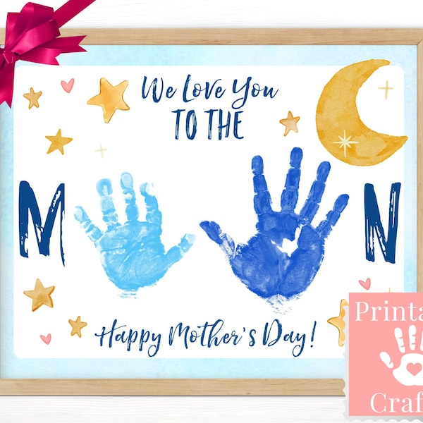 Wir lieben dich bis zum Mond, Muttertagskarte zum Ausdrucken, personalisiertes Geschenk von 2 Kindern, Handabdruckkunst, einfaches schnelles Last-Minute-Geschenk von Ehemann