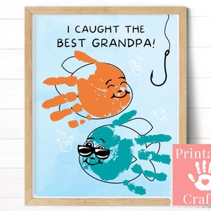 Regalo del día de los abuelos para el abuelo de parte del nieto, huella de mano de niño pequeño, regalo de pescador hecho a mano para el abuelo, imprimible para niños