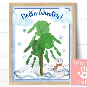 Manualidad de árbol con huellas de manos de invierno para niños y maestros, arte de la temporada imprimible de Hola Invierno, hoja de trabajo para guardería y preescolar