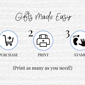 May include: A graphic showing three steps to make gifts easy: purchase, print, and stamp. The graphic includes icons for each step.