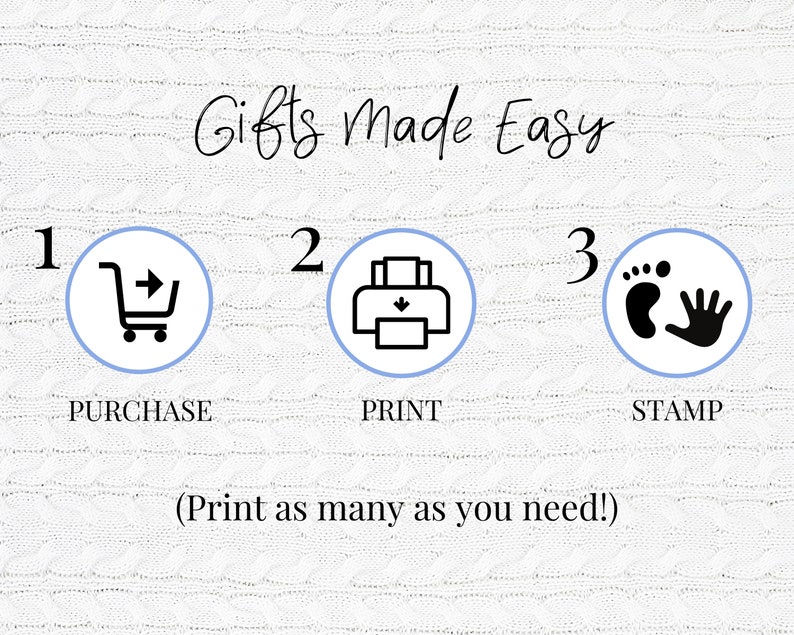 May include: A graphic showing three steps to make gifts easy: purchase, print, and stamp. The graphic includes icons for each step.