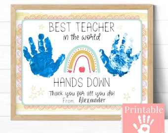 Teacher Appreciation Certificate, Best Teacher Hands Down Handprint Art Gift from Student, End of Year Gift, Start of the Year Card