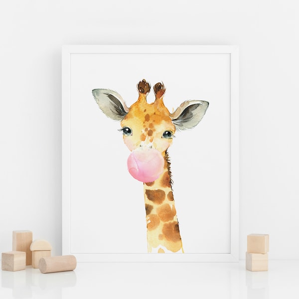 Cute Giraffe Watercolor Painting, Play Room Wall Art, Giraffe Bubble Gum Poster