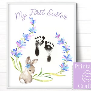 Mein erstes Osterandenken, druckbare Osterhasen-Fußabdruck-Kunstvorlage für Neugeborene, Geschenk für neue Mutter, Großeltern erste Osterkarte