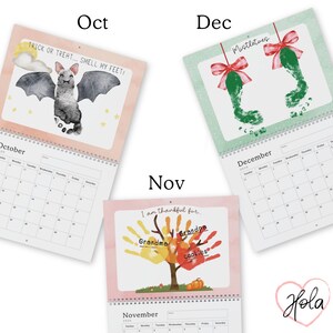 May include: A spiral-bound calendar with monthly pages. October features a bat made of footprints, with text "TRICK OR TREAT... SMELL MY FEET!". November has a handprint tree. December shows mistletoe footprints.