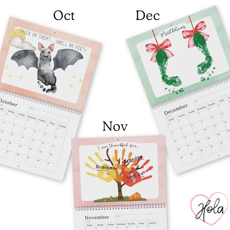 May include: A spiral-bound calendar with monthly pages. October features a bat made of footprints, with text "TRICK OR TREAT... SMELL MY FEET!". November has a handprint tree. December shows mistletoe footprints.