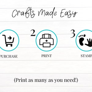 May include: A three-step guide to crafting, with icons for purchasing, printing, and stamping. The text reads "Crafts Made Easy" and "(Print as many as you need!)"