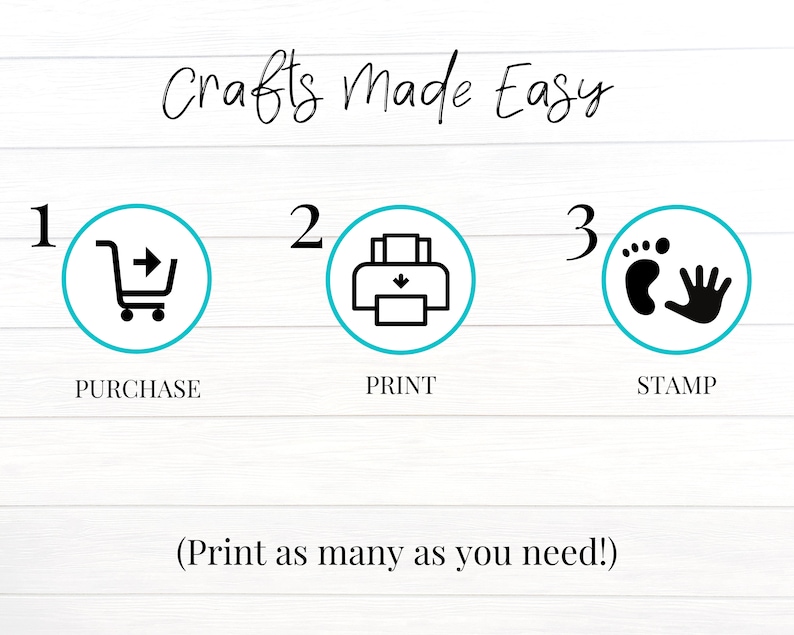 May include: A three-step guide to crafting, with icons for purchasing, printing, and stamping. The text reads "Crafts Made Easy" and "(Print as many as you need!)"