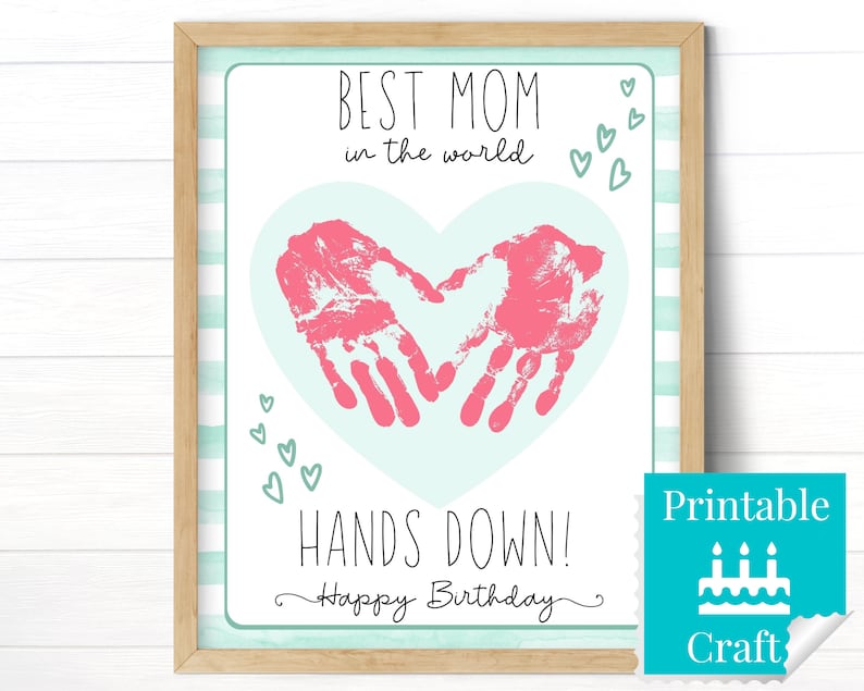 Birthday Gift for Mom, Printable Custom Birthday Card, Handprint Art from Kids, Best Mom In The World Hands Down image 1