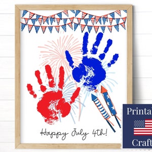 Art d'empreinte de main de feux d'artifice pour le 4 juillet, fête de l'indépendance des États-Unis, modèle d'art d'été de garderie patriotique, artisanat pour enfants, carte du 4 juillet heureux