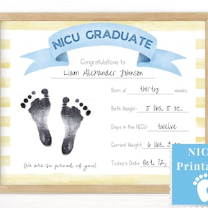 NICU Graduate Sign Keepsake for Mom and Dad, Baby Footprint Certificate for NICU Nurses, Graduation Stats with Date, Weight, Days in NICU