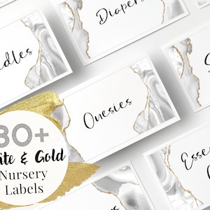 Baby Drawer Labels Set of 80, Nursery Organization, White and Gold Glitter Geode, Digital Download