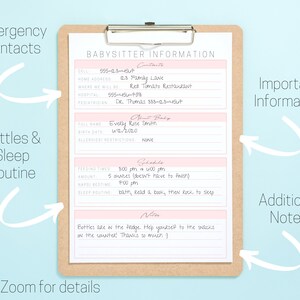 May include: A printable babysitter information sheet with sections for emergency contacts, about the baby, schedule, and notes. The sheet is on a clipboard with a brown background.