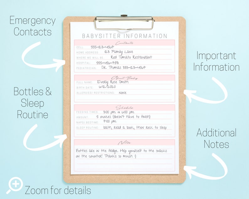 May include: A printable babysitter information sheet with sections for emergency contacts, about the baby, schedule, and notes. The sheet is on a clipboard with a brown background.