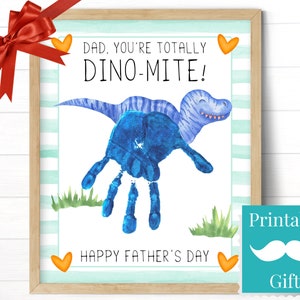 Vaderdagcadeau Dino-mite papa afdrukbaar, handafdruk ambacht van peuter of zoontje, T-Rex Dinosaur Preschool Card voor papa