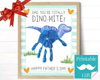 Father's Day Gift Dino-mite Dad Printable, Hand Print Craft from Toddler or Baby Son, T-Rex Dinosaur Preschool Card for Daddy