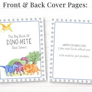 K&ouml;nnte beinhalten: Ein Buchcover mit einem blauen Rand und Dinosaurierspuren. Der Vorderdeckel zeigt eine bunte Illustration von Dinosauriern und den Text "The Big Book Of DINO-MITE Dad Jokes!" Der Hinterdeckel zeigt den Text "HAPPY FATHER'S DAY. I dino what I'd do without you! (Life would be just pterible!)"