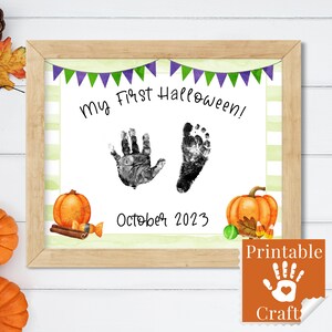 Primeiro Halloween do bebê, artesanato com pegadas de recém-nascidos, arte com impressões manuais, cartão de lembrança de Halloween para impressão para bebês
