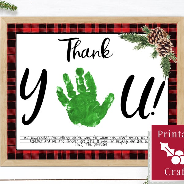 Kids Handprint Christmas Thank You Cards, Printable Template Pack, Preschool Teacher Holiday Gift, PDF Set