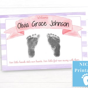 NICU Name Signs for Baby Girl Hospital Crib, Printable Footprint Craft, Pink Preemie Incubator Label, NICU Family Gift