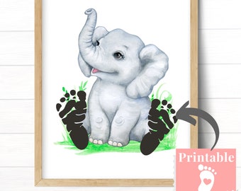 Baby Elephant Nursery Art, Footprint Baby Art, Sentimental Shower Gift, Colorful Watercolor Safari Jungle Decor Theme for Boy