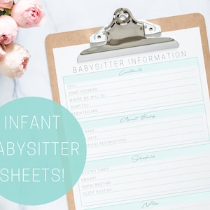 Foglio informativo per babysitter per neonati, neomamme, pagine PDF stampabili, contatti di emergenza per tata