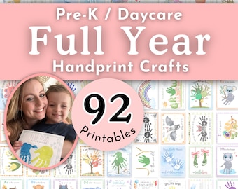 Kids Handprint Art Bundle for Preschool Daycare or Homeschool, Full Year Set of Printable Activities, Pre-K Teacher Curriculum