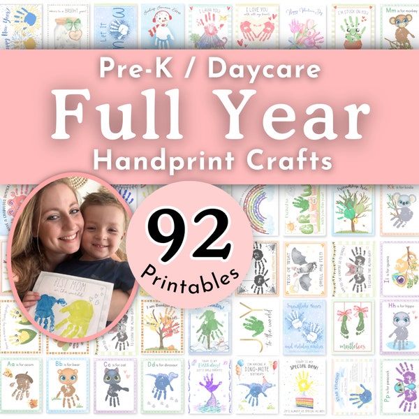 Kids Handprint Art Bundle for Preschool Daycare or Homeschool, Full Year Set of Printable Activities, Pre-K Teacher Curriculum