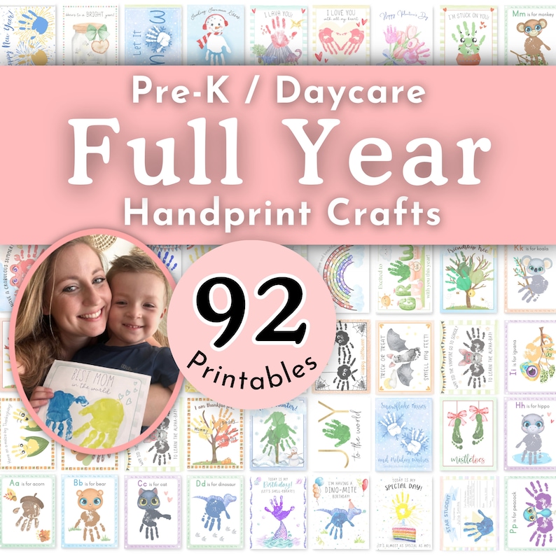 Full year bundle preview photos of 92 handprint crafts that are designed for daycare and preschool teachers to make with their kids.