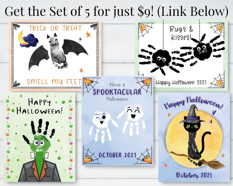 May include: Set of five printable Halloween cards featuring handprint art. The cards feature a bat, spider, ghost, monster, and black cat. Each card has a Halloween-themed message and the year 2021.