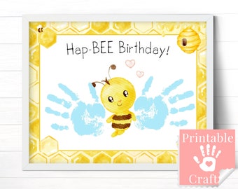 Birthday Card Printable Family, Unique Birthday Gifts Made by Kids, for Mom Grandma Aunt Friend, Cute Bee Handprint Art
