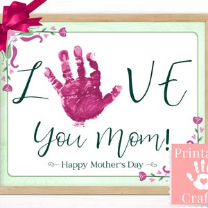 Tarjeta imprimible con huella de mano feliz del día de la madre, Te amo mamá, bricolaje fácil personalizado para niños, manualidades para niños pequeños, regalo preescolar para mamá