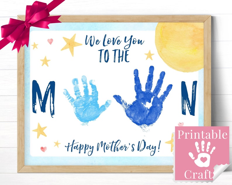 We Love You To The Moon, Mothers Day Card Printable, Personalized Gift from 2 Kids, Handprint Art, Easy Fast Last Minute Gift from Husband 