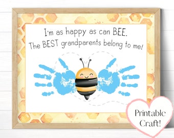 Grandparent Gifts, Personalized Handprint Gift from Toddler or Baby, Preschoolers Arts and Crafts, Happy As Can Bee Printable Card