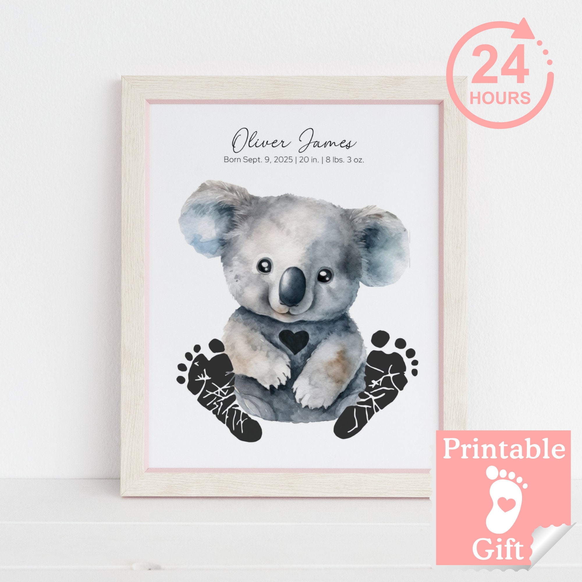 Koala Footprint Art Baby Gift, Add Baby's Name and Custom Birth