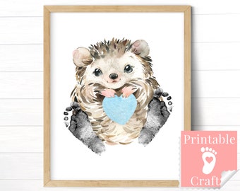 Footprint Art Newborn, Hedgehog Baby Gift, Woodland Nursery Decor Boy Wall Art, Forest Animal Print Digital Download