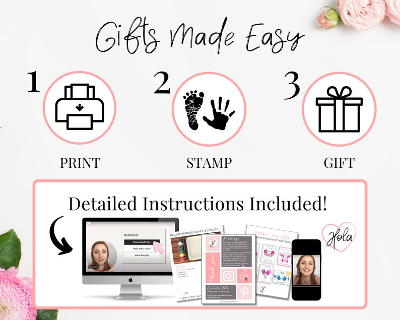 Mothers Day gifts made easy! Just print the template, stamp handprints, and you are done. Detailed instructions are included in the form of PDF, web article, and video.