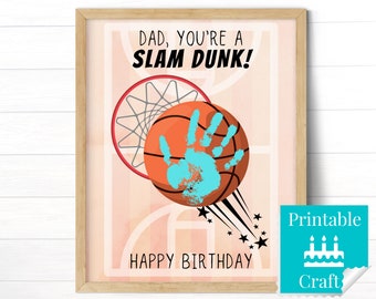Gift for Dad from Son, Basketball Birthday Card for Daddy, Personalized Handprint Art, Printable Template, Slam Dunk Birthday