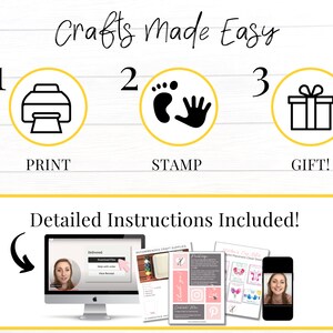 Op de afbeelding: Een afbeelding die de drie stappen laat zien om een knutselproject te maken: printen, stempelen en cadeau geven. De afbeelding bevat een printer, een voetafdruk en een handafdruk, en een cadeaudoos. De tekst "Gedetailleerde instructies inbegrepen!" wordt onder de afbeelding weergegeven.