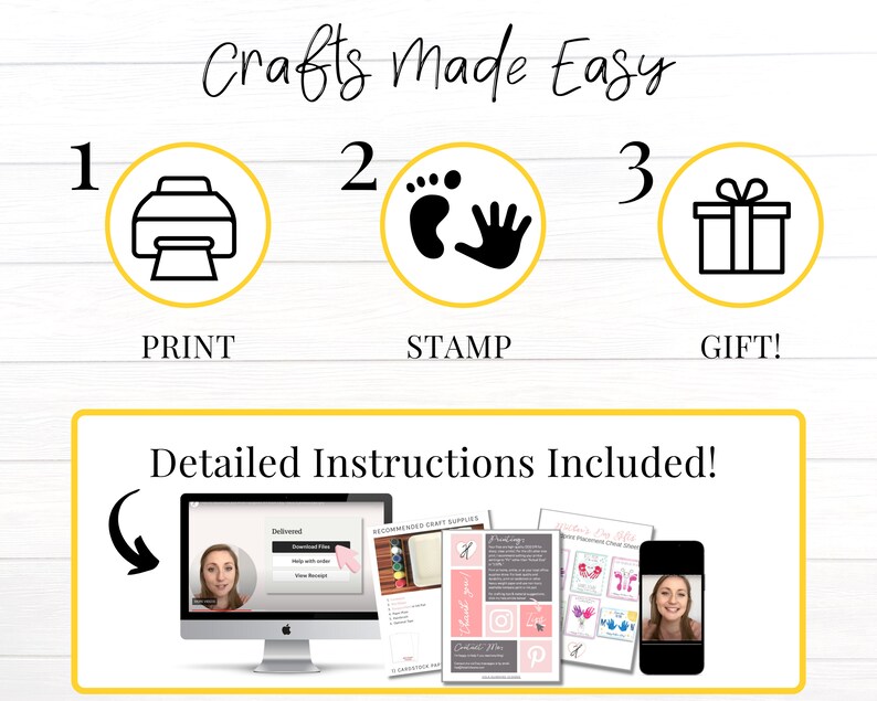Op de afbeelding: Een afbeelding die de drie stappen laat zien om een knutselproject te maken: printen, stempelen en cadeau geven. De afbeelding bevat een printer, een voetafdruk en een handafdruk, en een cadeaudoos. De tekst "Gedetailleerde instructies inbegrepen!" wordt onder de afbeelding weergegeven.