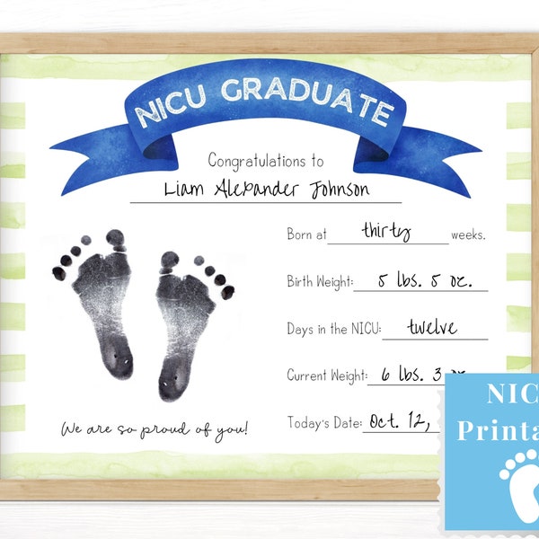 Preemie Boy NICU Graduation Printable Certificate, Footprints Keepsake for Mommy and Daddy, Date, Premature Weight, Hospital Stats