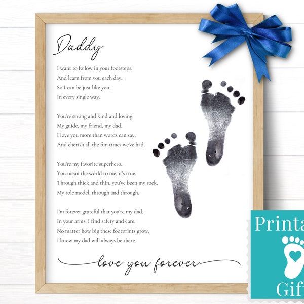 Personalized Gift for Daddy, Footprint Art Sign for Dads Office, Following in your Footsteps, Birthday Card, Fathers Day Poem, Christmas