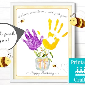 Feliz aniversário mãe 2 crianças buquê de flores com impressão manual, presente de aniversário personalizado, cartão de abelha em aquarela imprimível