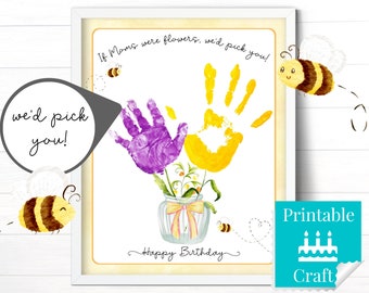 Happy Birthday Mom 2 kids Handprint Flower Bouquet, Personalized Birthday Gift, Printable Watercolor Bee Card