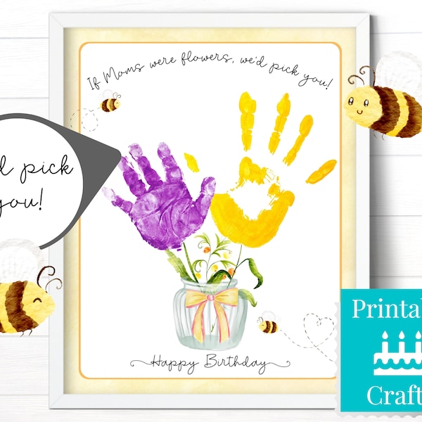 Happy Birthday Mom 2 kids Handprint Flower Bouquet, Personalized Birthday Gift, Printable Watercolor Bee Card