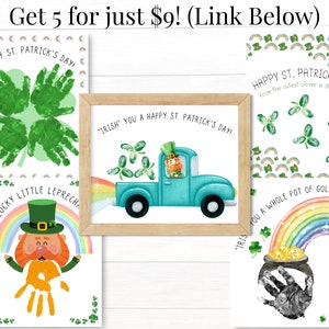 Peut inclure: Ensemble de cinq cartes imprimables de la Saint-Patrick mettant en sc&egrave;ne des empreintes de mains avec un lutin, des tr&egrave;fles et un camion. Les cartes ont une bordure de rainbow et de tr&egrave;fles verts.