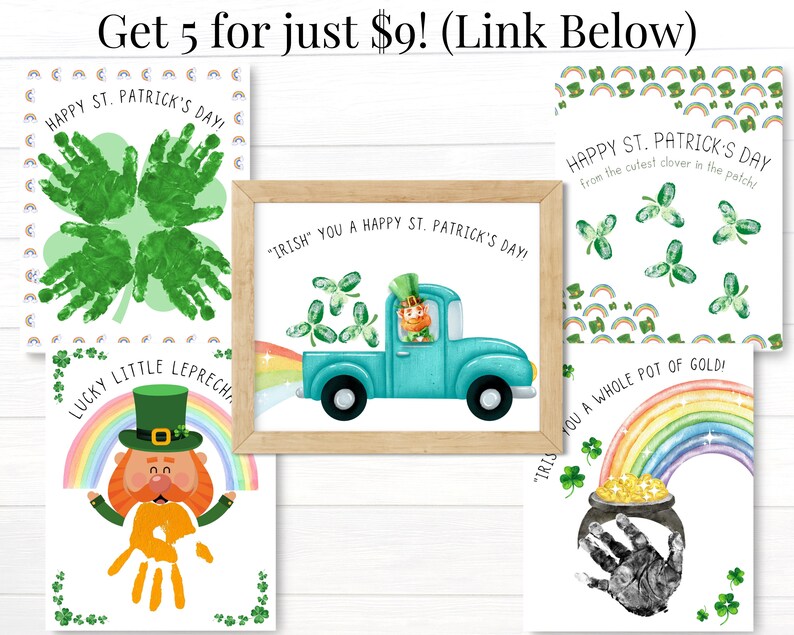 Peut inclure: Ensemble de cinq cartes imprimables de la Saint-Patrick mettant en sc&egrave;ne des empreintes de mains avec un lutin, des tr&egrave;fles et un camion. Les cartes ont une bordure de rainbow et de tr&egrave;fles verts.