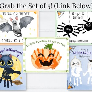 Op de afbeelding: Set van vijf printbare Halloween-kaarten met handafdrukken. De kaarten tonen een vleermuis, een spin, een pompoen, een spook en een kat. Elke kaart heeft een andere Halloween-boodschap.