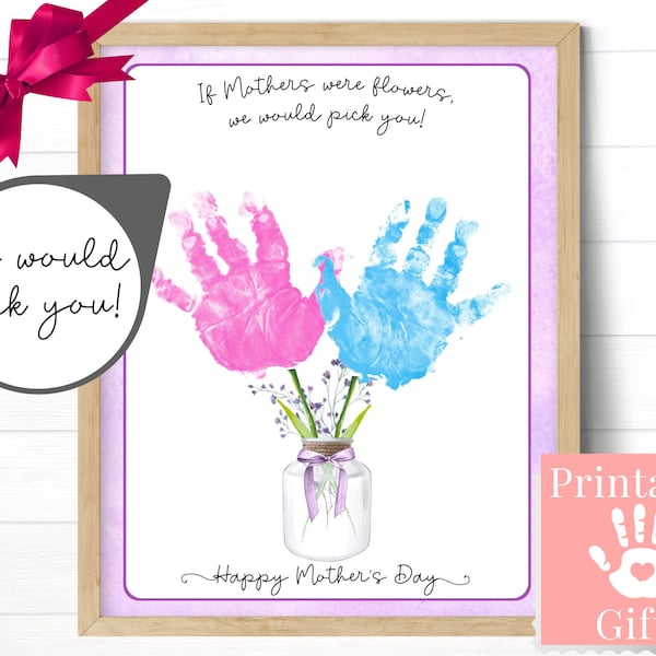 Mothers Day Handprint Flower, Personalize Gift for Mom from 2 Kids, Printable Art Craft, Digital Download